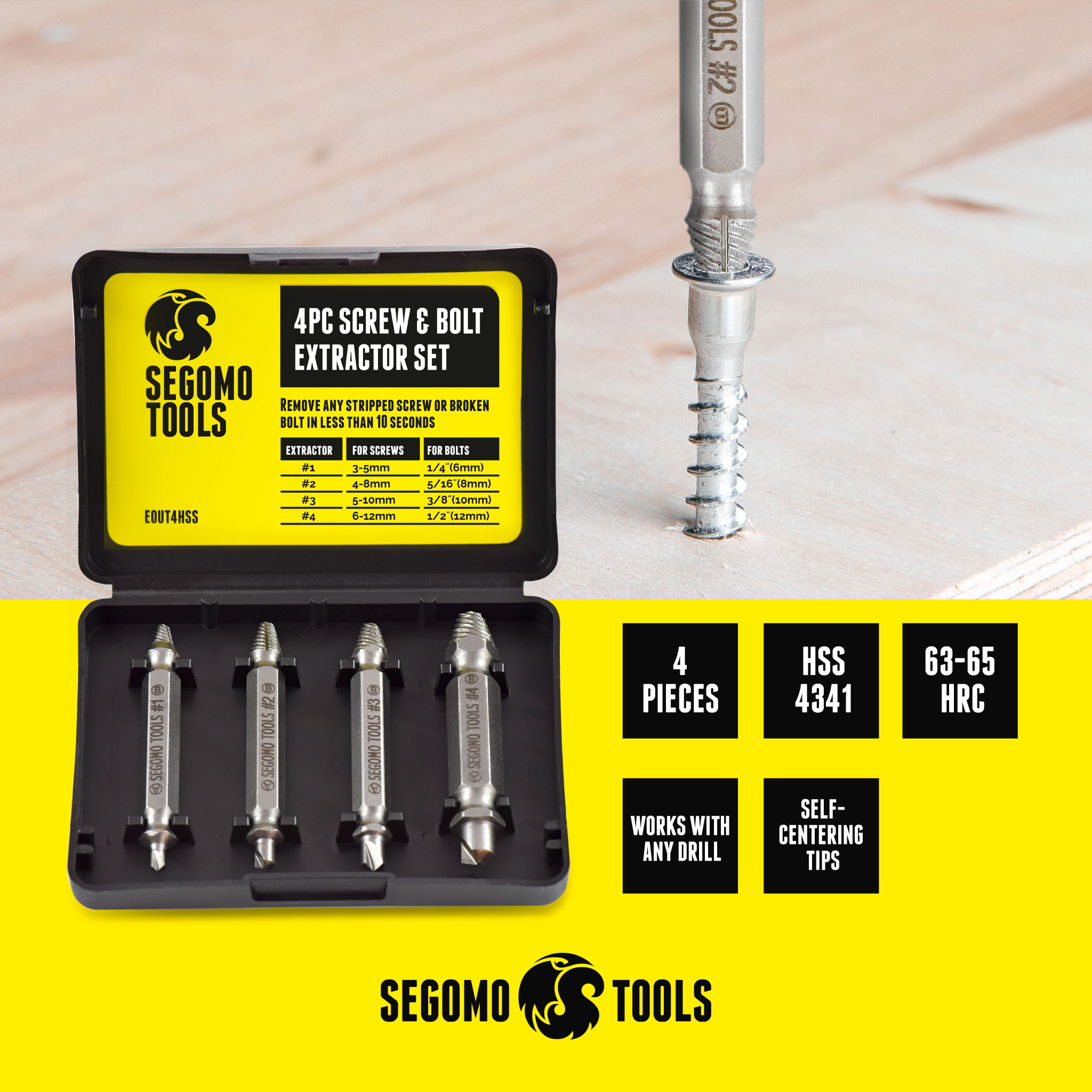 Segomo Tools 4 Piece HSS 4341 Screw Extractor Set with Hardness 6365